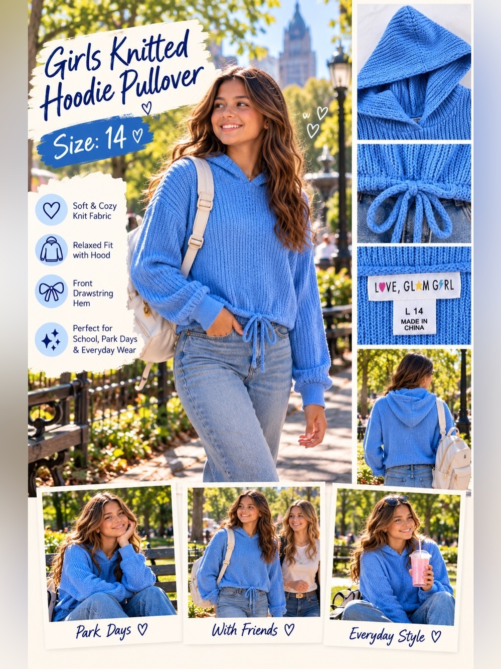 Girls knitted pullover hoodie cropped elastic waist long sleeve size 14 Large